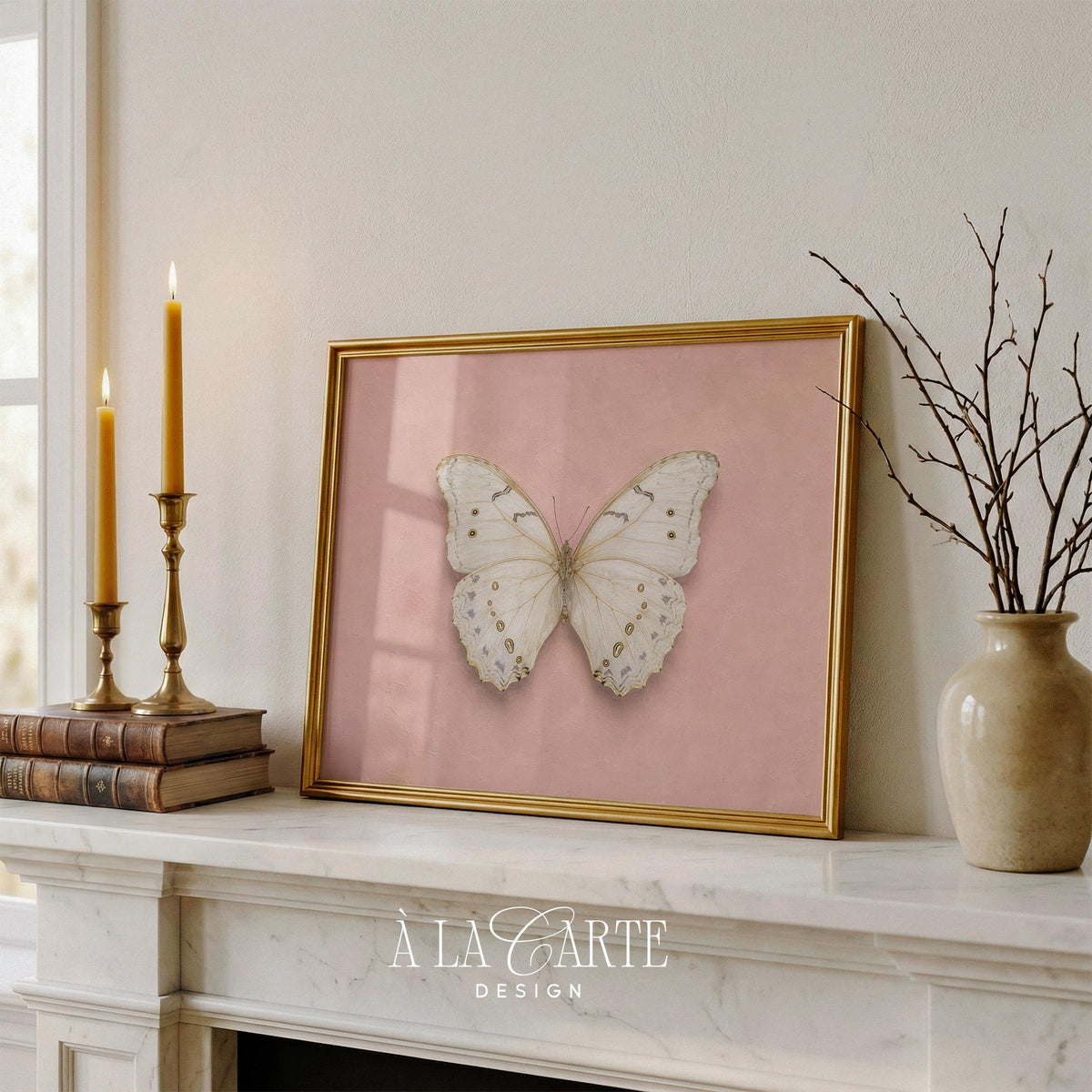 Cottagecore butterfly digital wall art for child's space — detailed naturalist portrait with gold accents on distressed blush texture