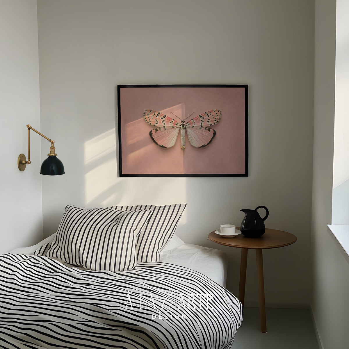 Vintage naturalist butterfly wall decor for bedroom — elegant spotted wings against textured pink backdrop