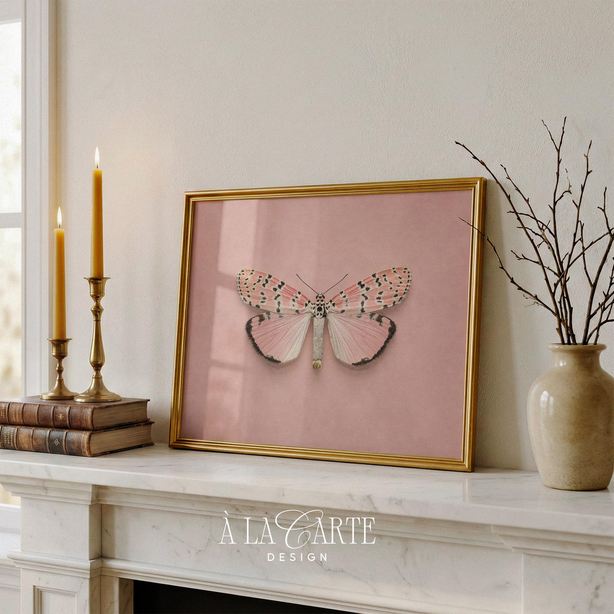 Delicate moth print wall art for home office — soft cottagecore design featuring symmetrical patterned illustration