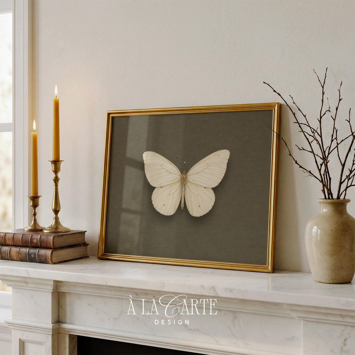 Wings-spread insect wall art instant download — cottagecore botanical print with muted earthy tones