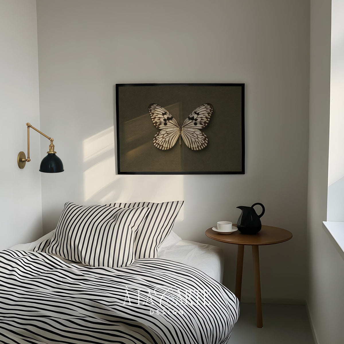 Butterfly specimen wall picture printable art — vintage curiosity cabinet style with moody earth-tone background