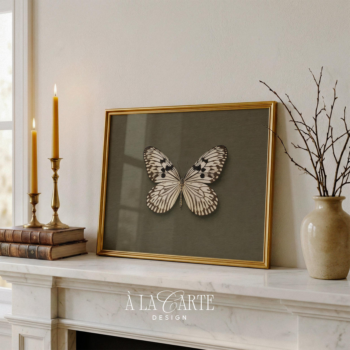 Classical butterfly illustration digital download — cream-patterned wings on museum-inspired deep green for refined interiors