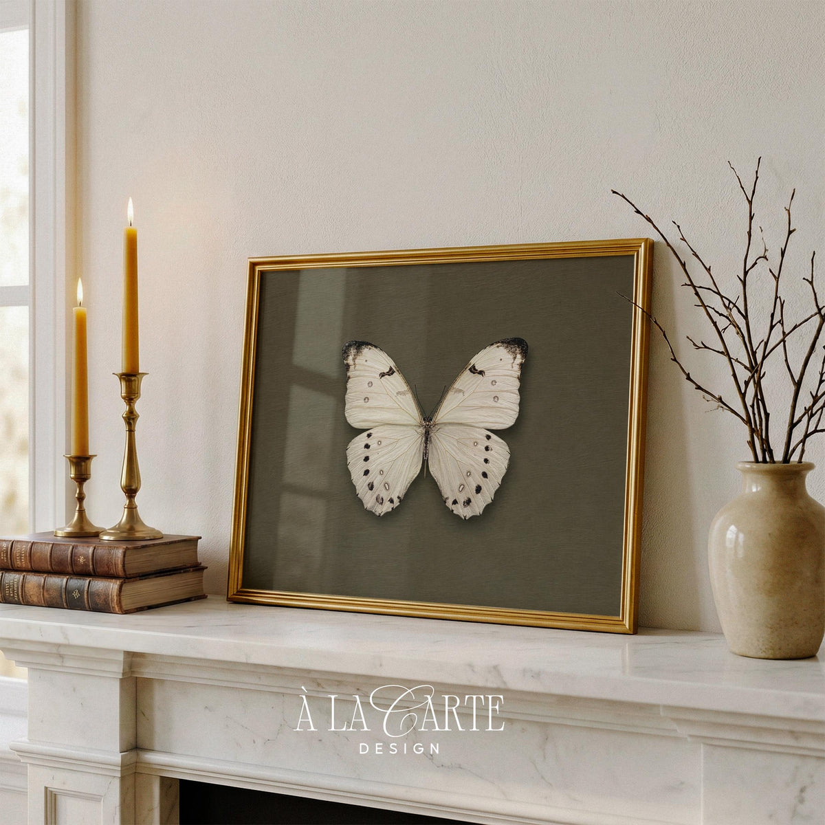 Framed butterfly artwork printable — cream-winged insect with moody olive tones and refined period aesthetic