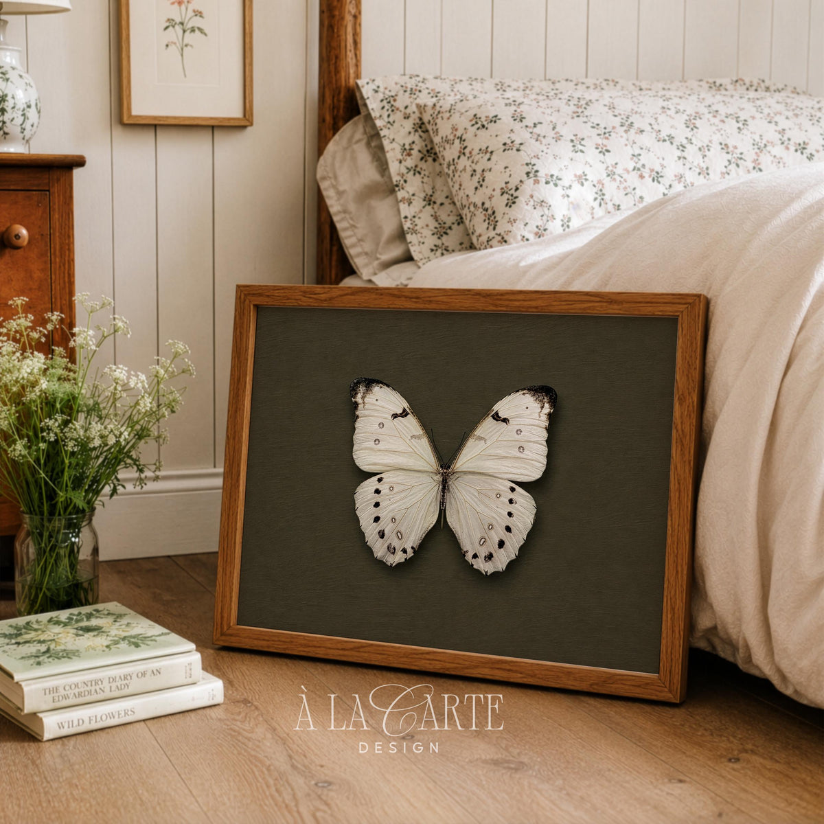 Butterfly painting print for entryway — classic naturalist study with generous negative space and muted sophistication