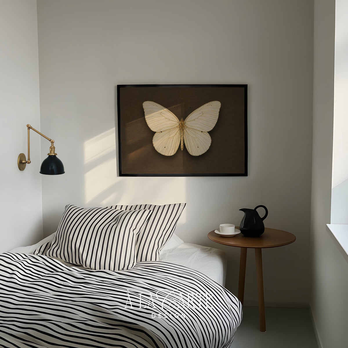 Museum-style butterfly wall decor printable — fine linework specimen with quiet refined aesthetic and dark background