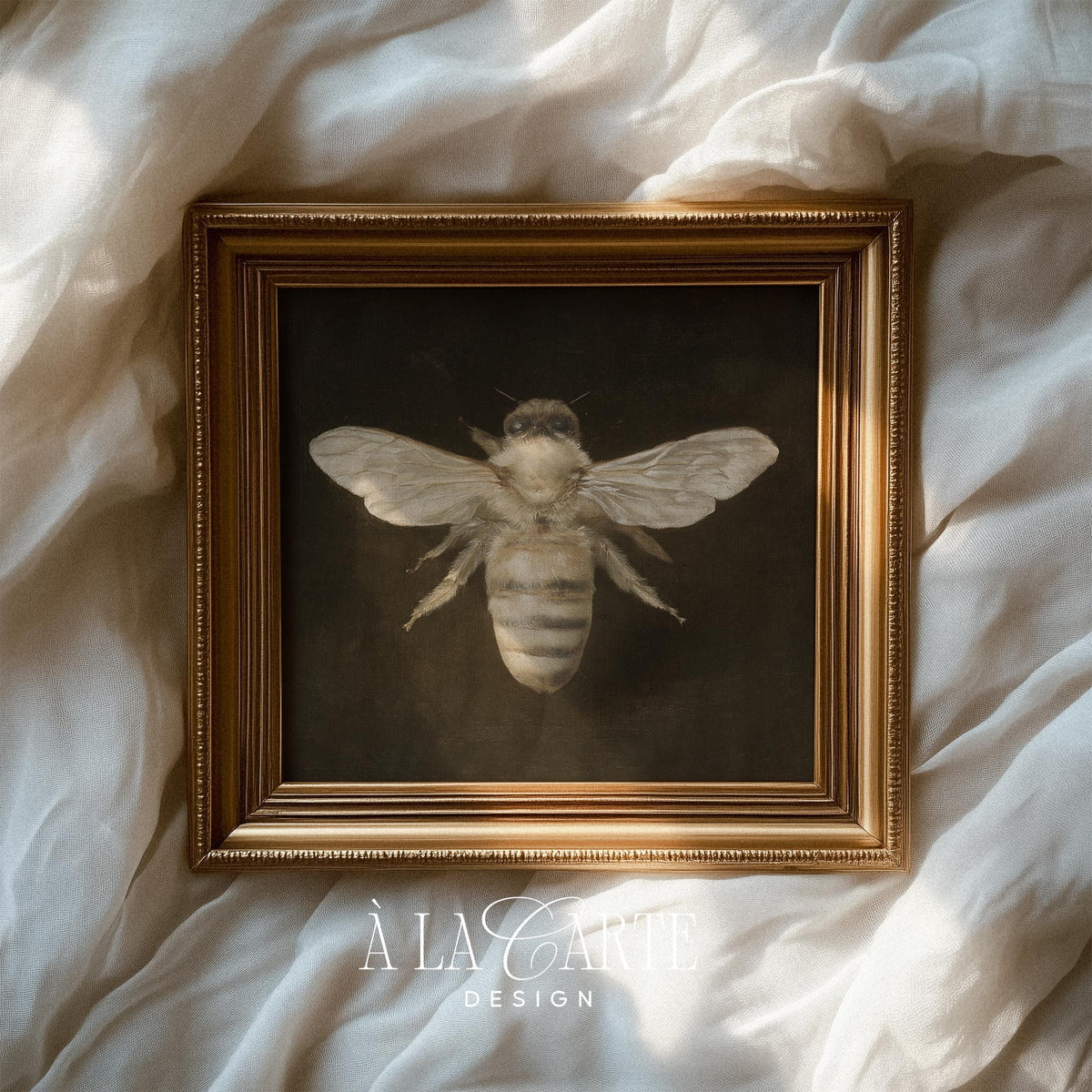 Naturalist bee artwork poster for library — cream and gold accents on rustic charcoal backdrop