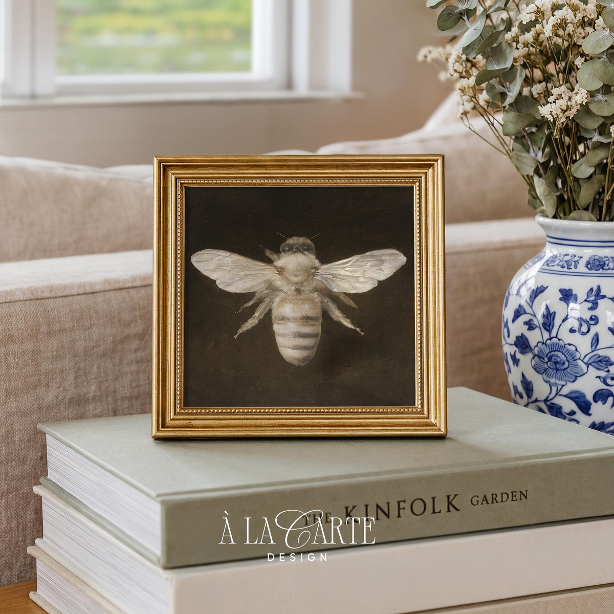 Bee naturalist painting wall art for farmhouse — vintage natural history specimen with deep brown shadows