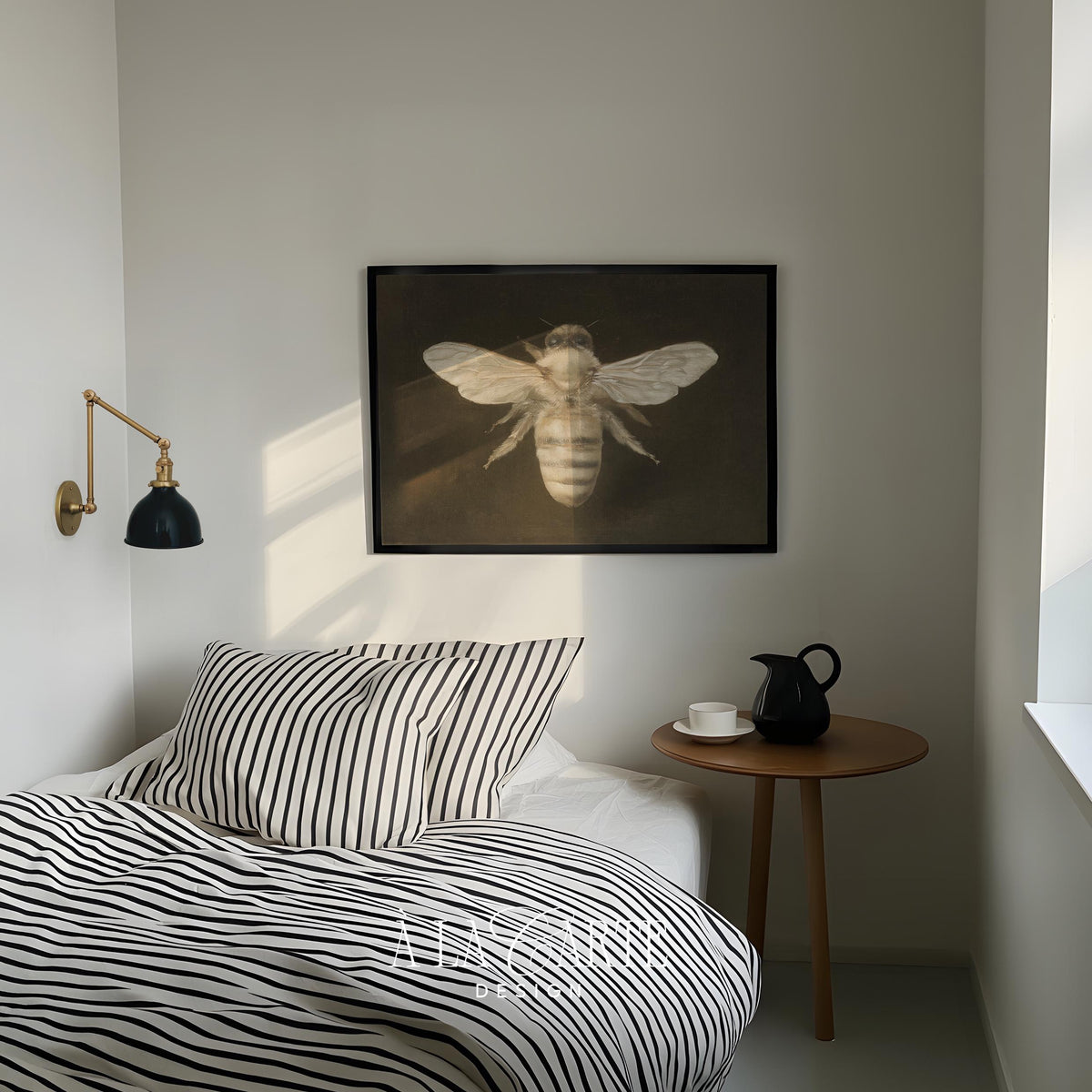 Bee digital artwork poster for rustic interiors — dark academia mood with cream and muted gold highlights