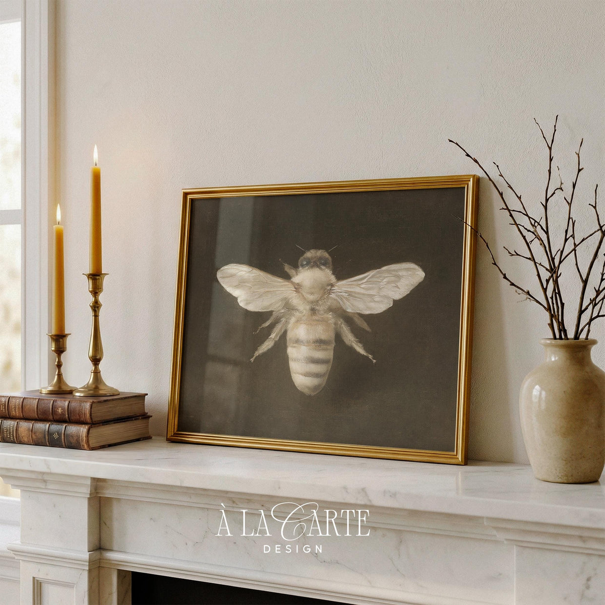 Naturalist specimen bee print wall art for kitchen — vintage scientific illustration on deep textured background