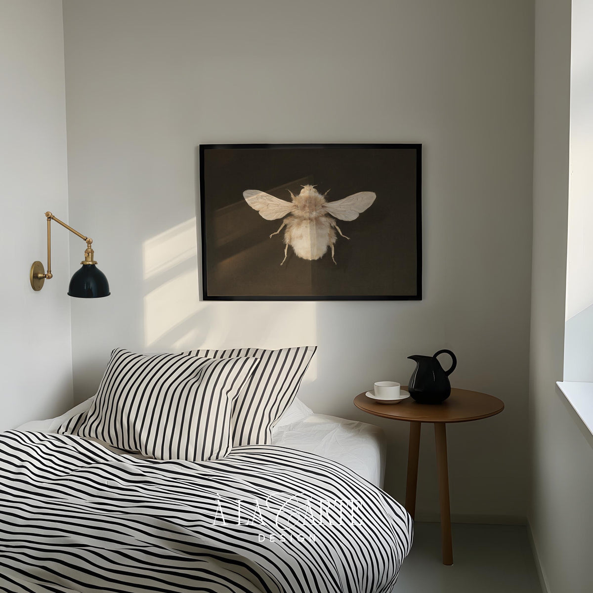 Fuzzy bee illustration printable art for study — vintage naturalist design with dark moody background