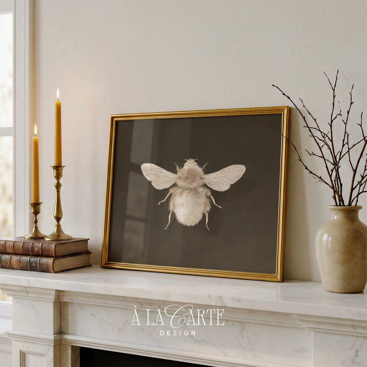 Botanical bee poster for farmhouse — dark academia aesthetic with realistic fine detail
