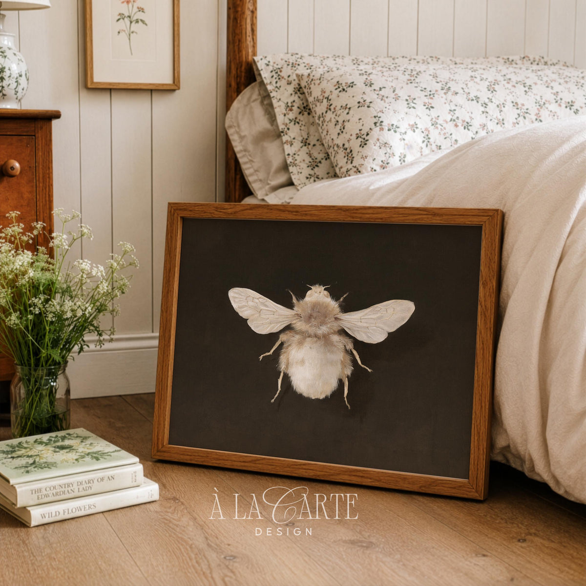Rustic bee painting digital download for gallery wall — moody vintage botanical print aesthetic