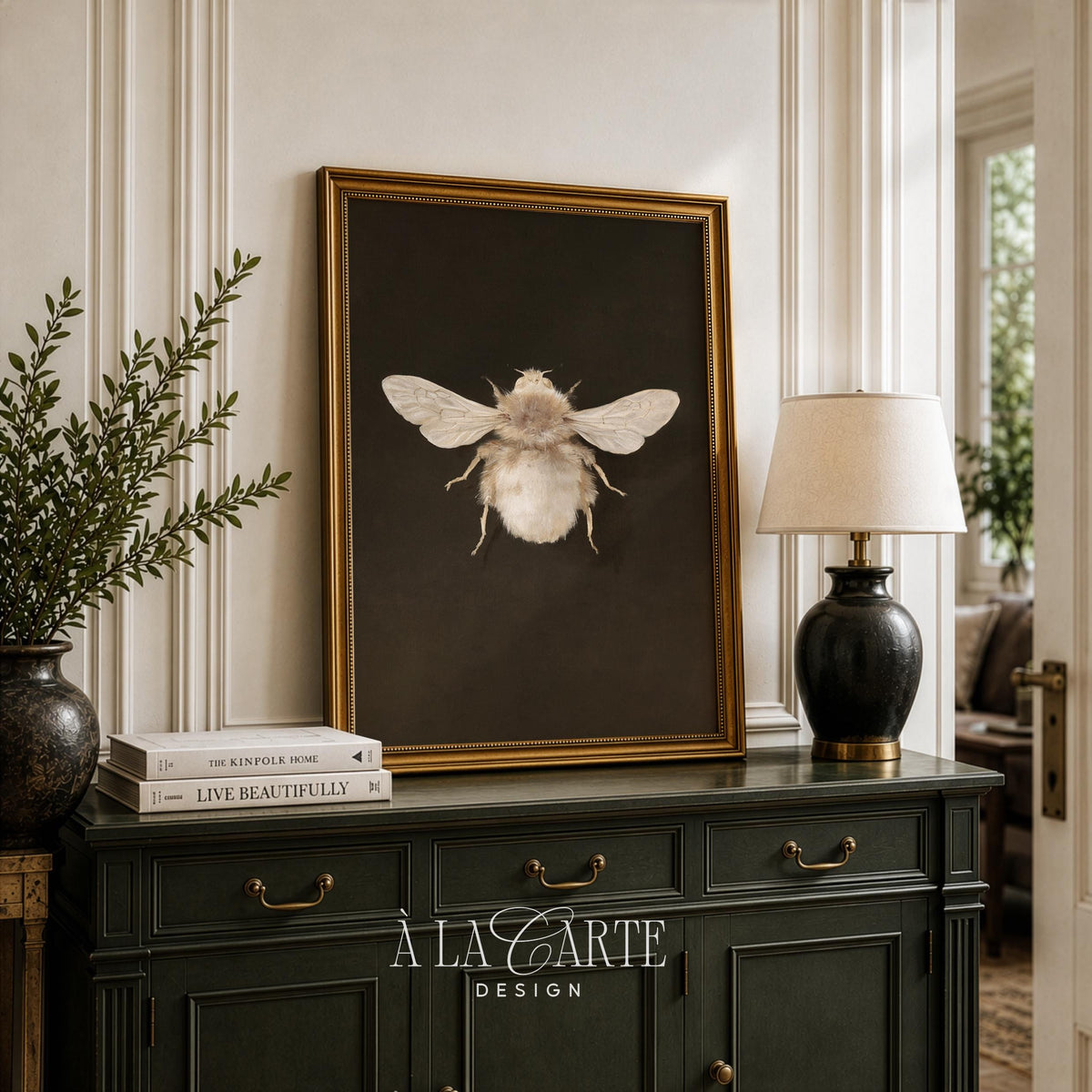 Bee specimen wall decor digital print for eclectic space — dark academia painting with soft painterly detail and antique elegance