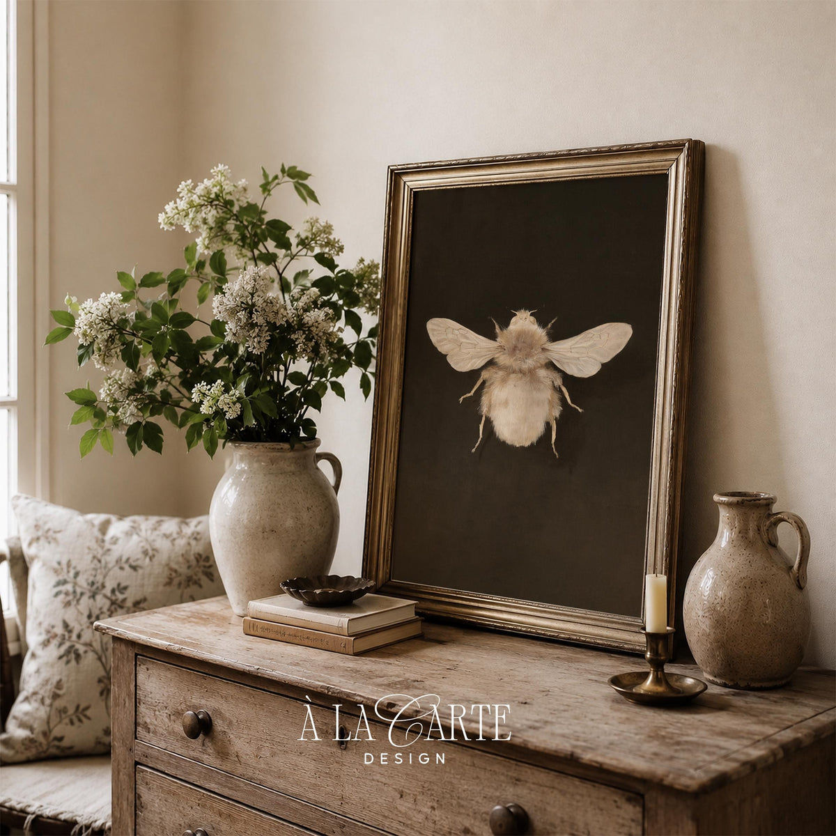 Botanical bee picture digital download for gallery wall — naturalist painting with delicate wings and muted earthy palette