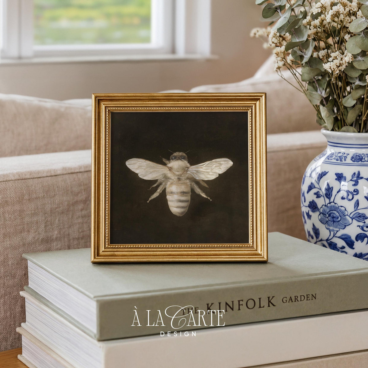 Dark academia printable bee wall art — antique-style insect study with weathered texture and sophisticated neutral palette