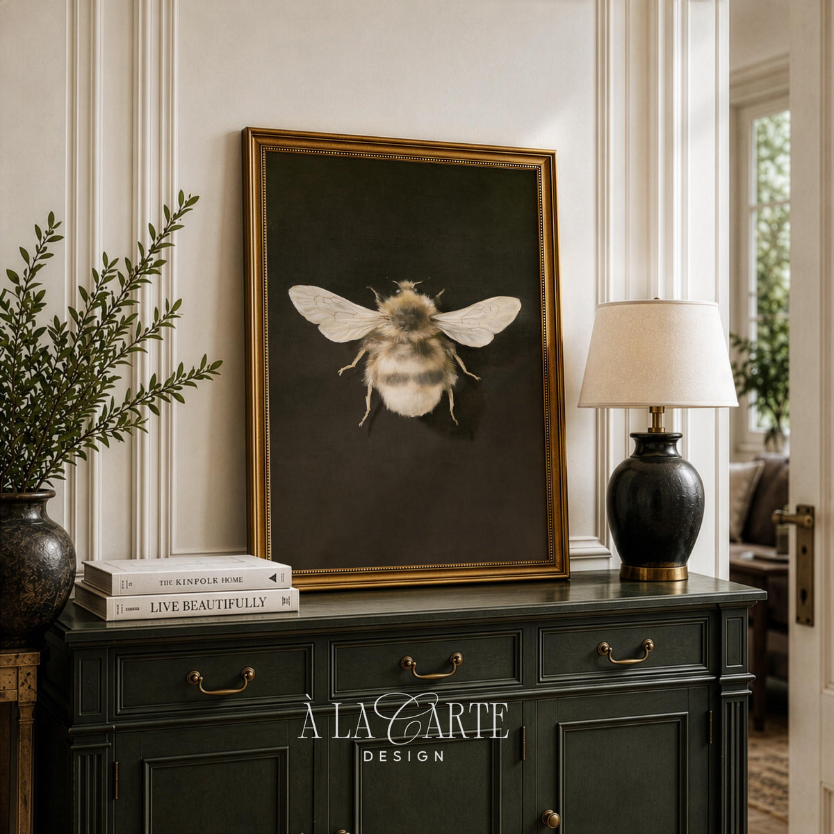 Moody botanical bee poster for gallery wall — aged natural history illustration printable art
