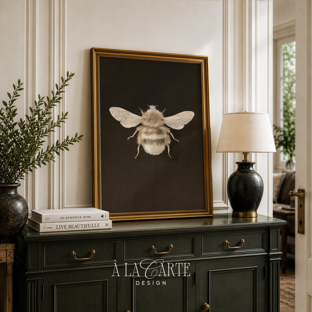 Bumblebee poster with wings spread — realistic antique-style print for home office or library