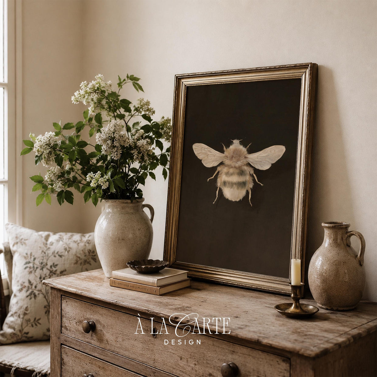 Specimen bee wall art for office — vintage field journal style with soft painterly finish