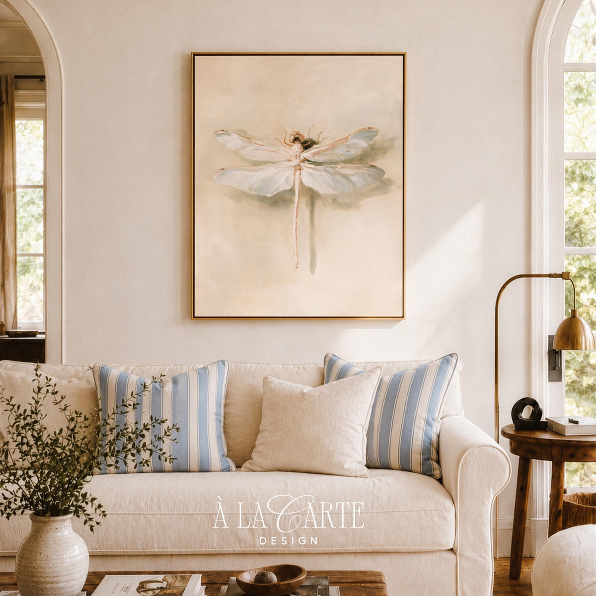 Fine-detail dragonfly picture digital art for bedroom — calm vintage aesthetic with cream-toned heritage finish