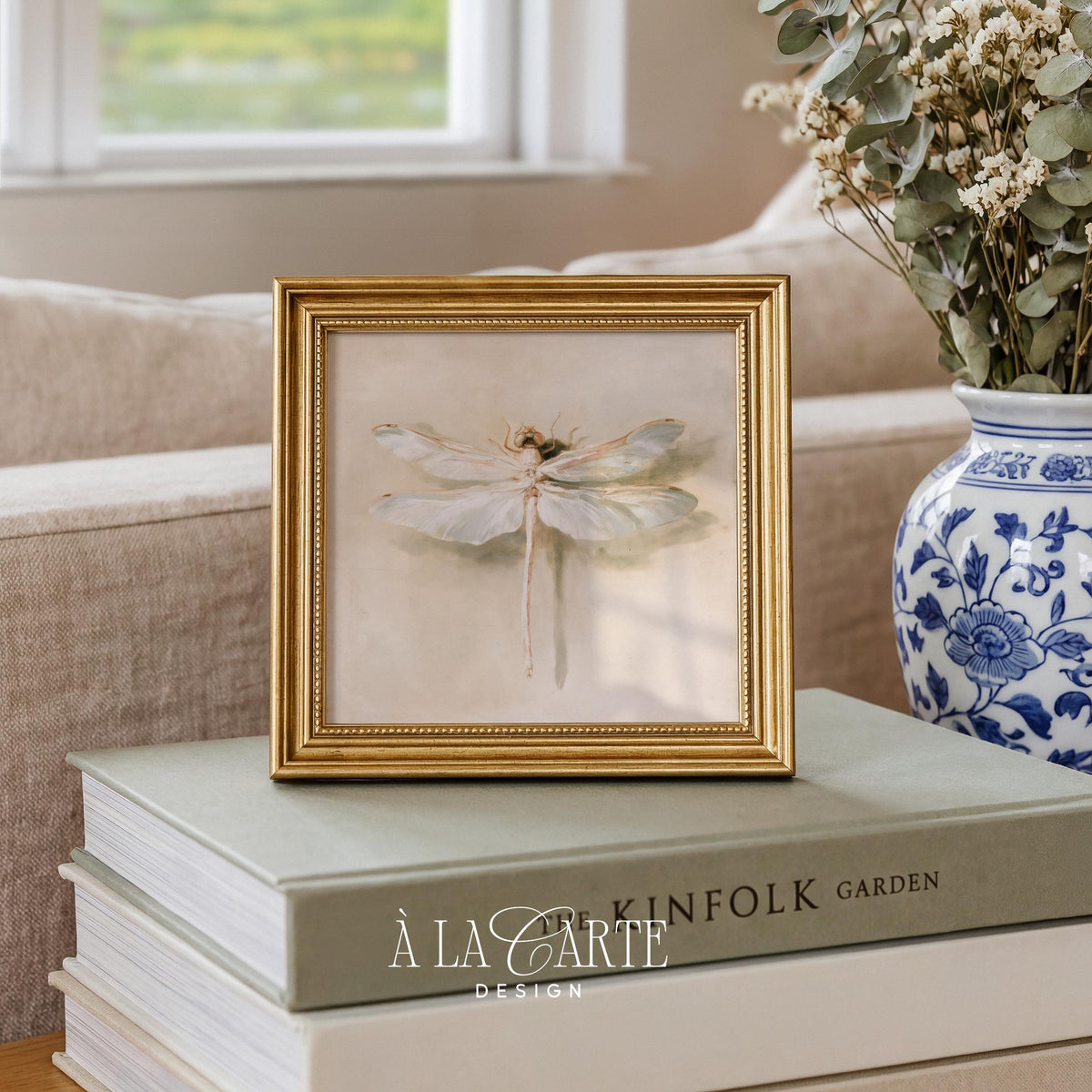 Delicate flying insect picture print — vintage cottagecore decor with soft textures and aged paper look