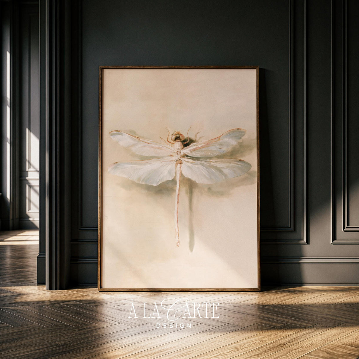 Insect printable art for bedroom — antique-style dragonfly with muted tones and naturalist illustration feel