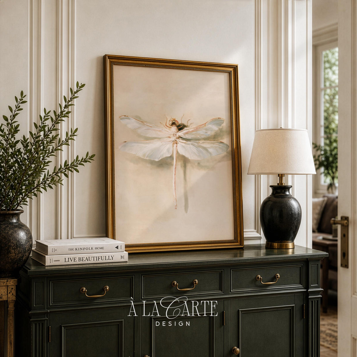Vintage naturalist dragonfly picture for study — detailed fine-line illustration with heirloom aged finish