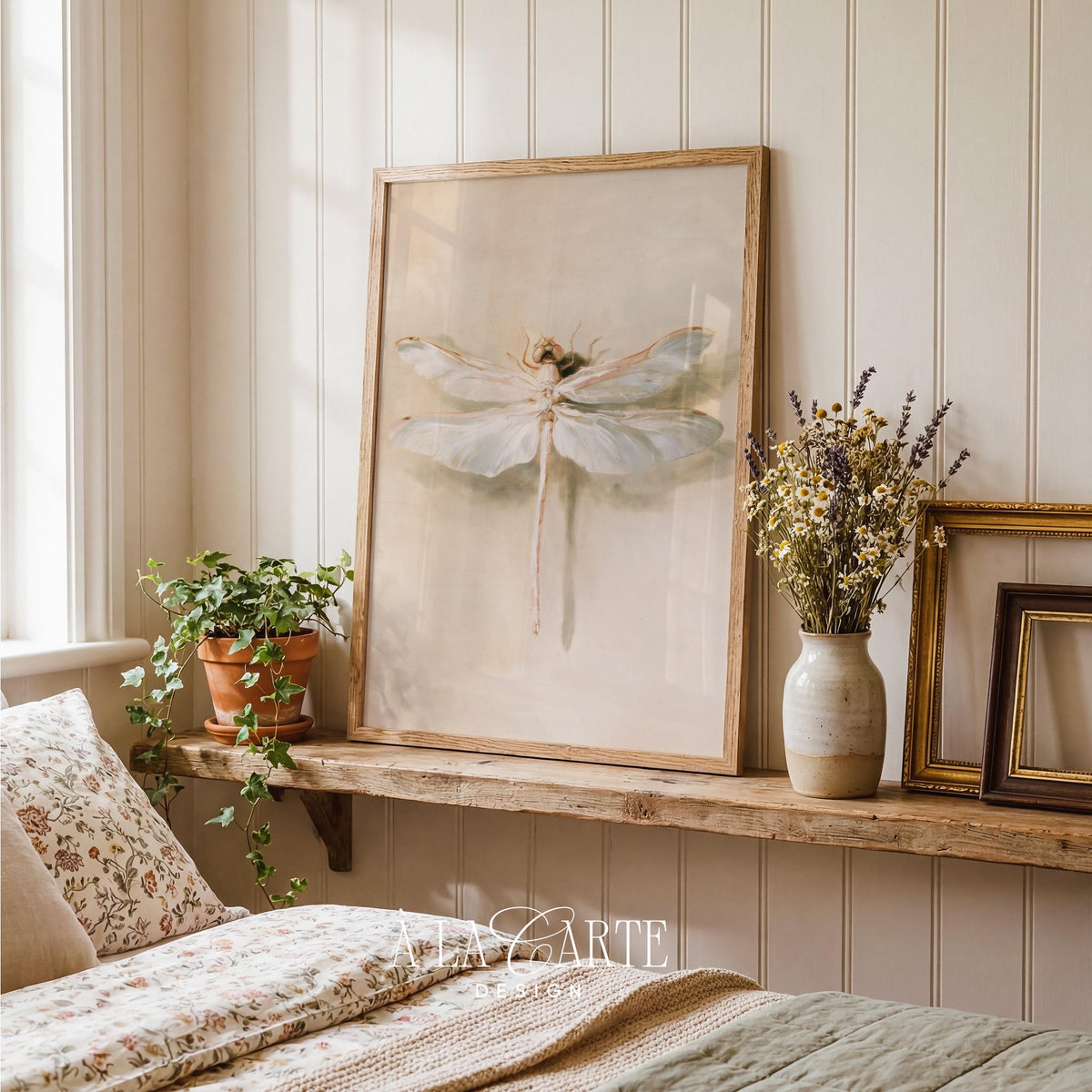 Winged creature digital print for living room — cottagecore artwork with gentle brushwork and faded cream palette