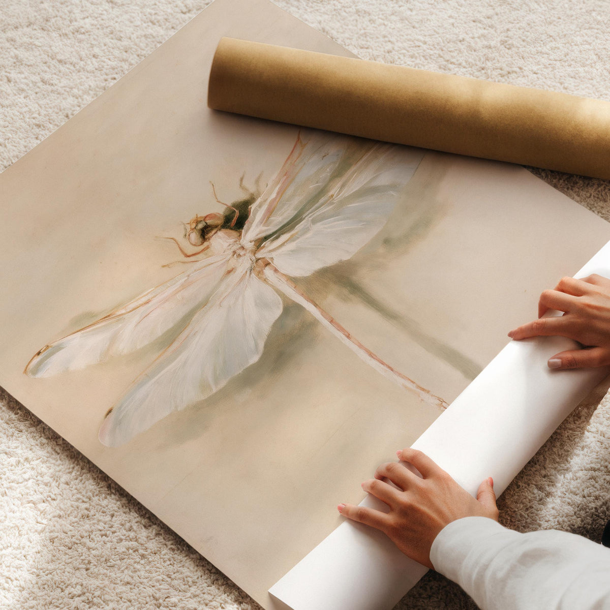 Vintage naturalist study printable wall art — graceful insect with soft brushstrokes and neutral cottagecore palette