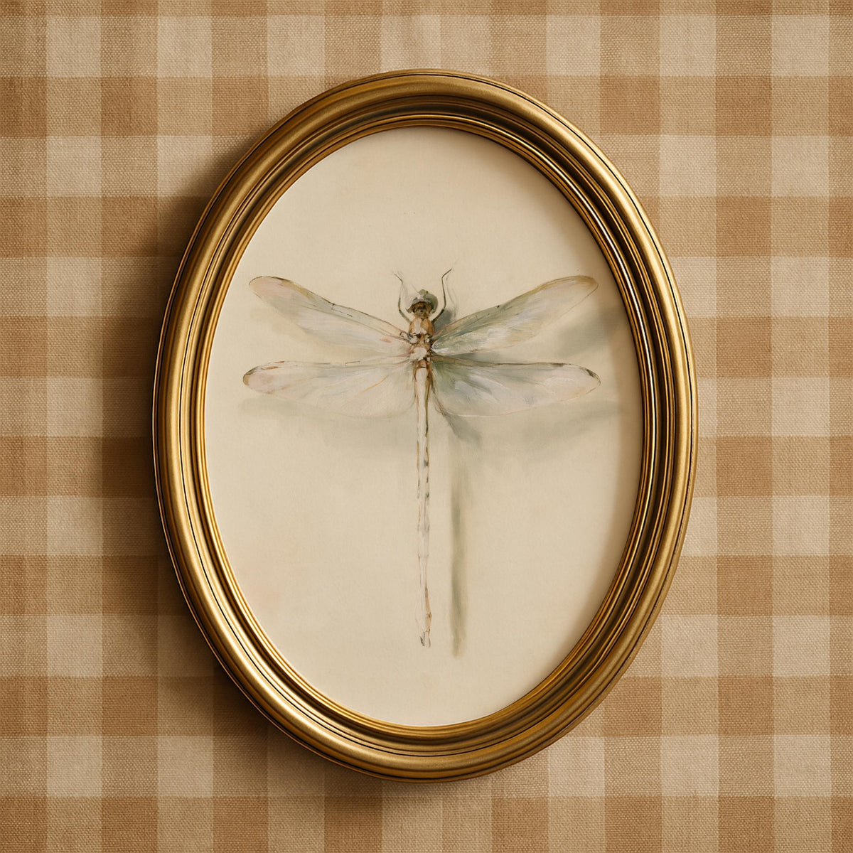 Nature-inspired wall art featuring detailed dragonfly — cottagecore aesthetic with soft neutral palette