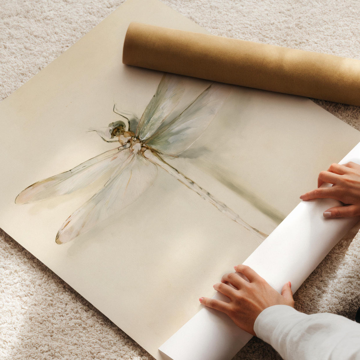 Dragonfly artwork poster for home — minimalist botanical rendering with sage green accents
