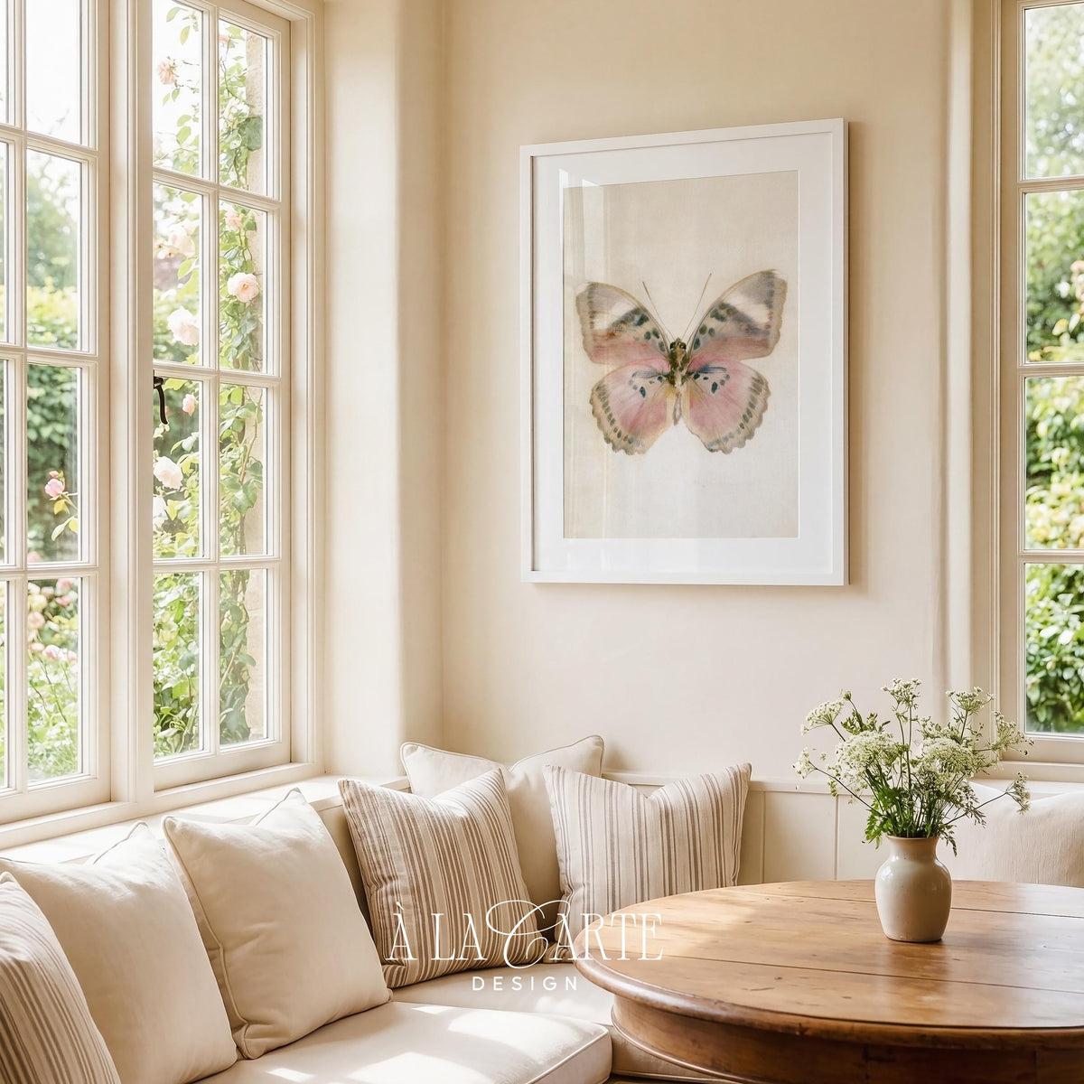 Soft botanical butterfly poster for office — cream background with fine antique illustration style