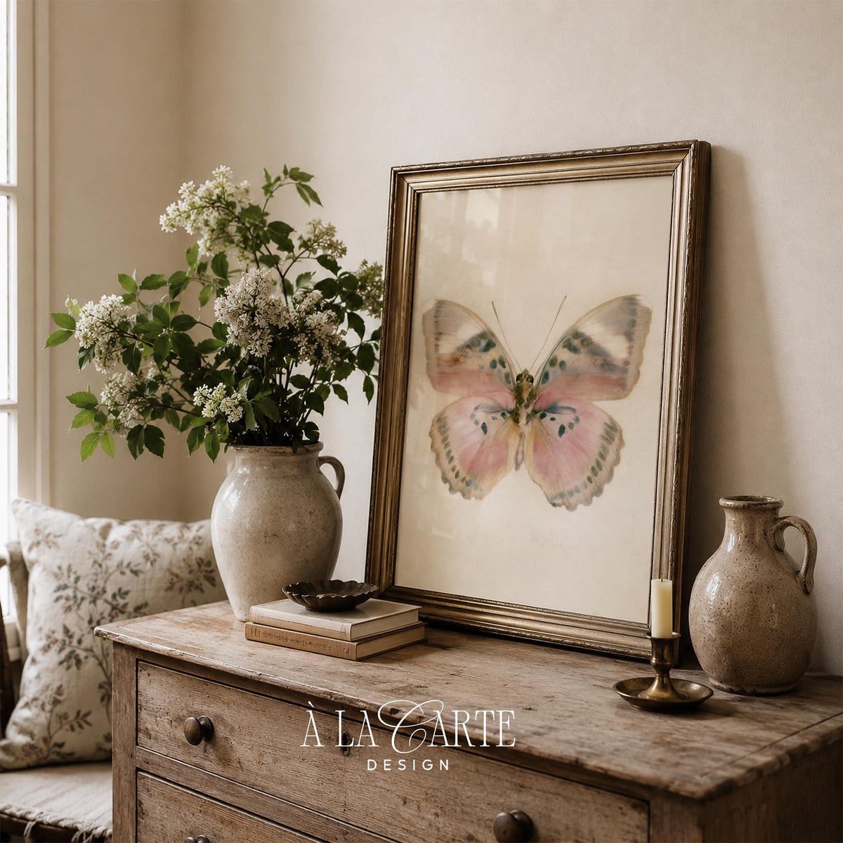 Symmetrical moth digital print for nursery — pale pastels and antique journal-style naturalist design