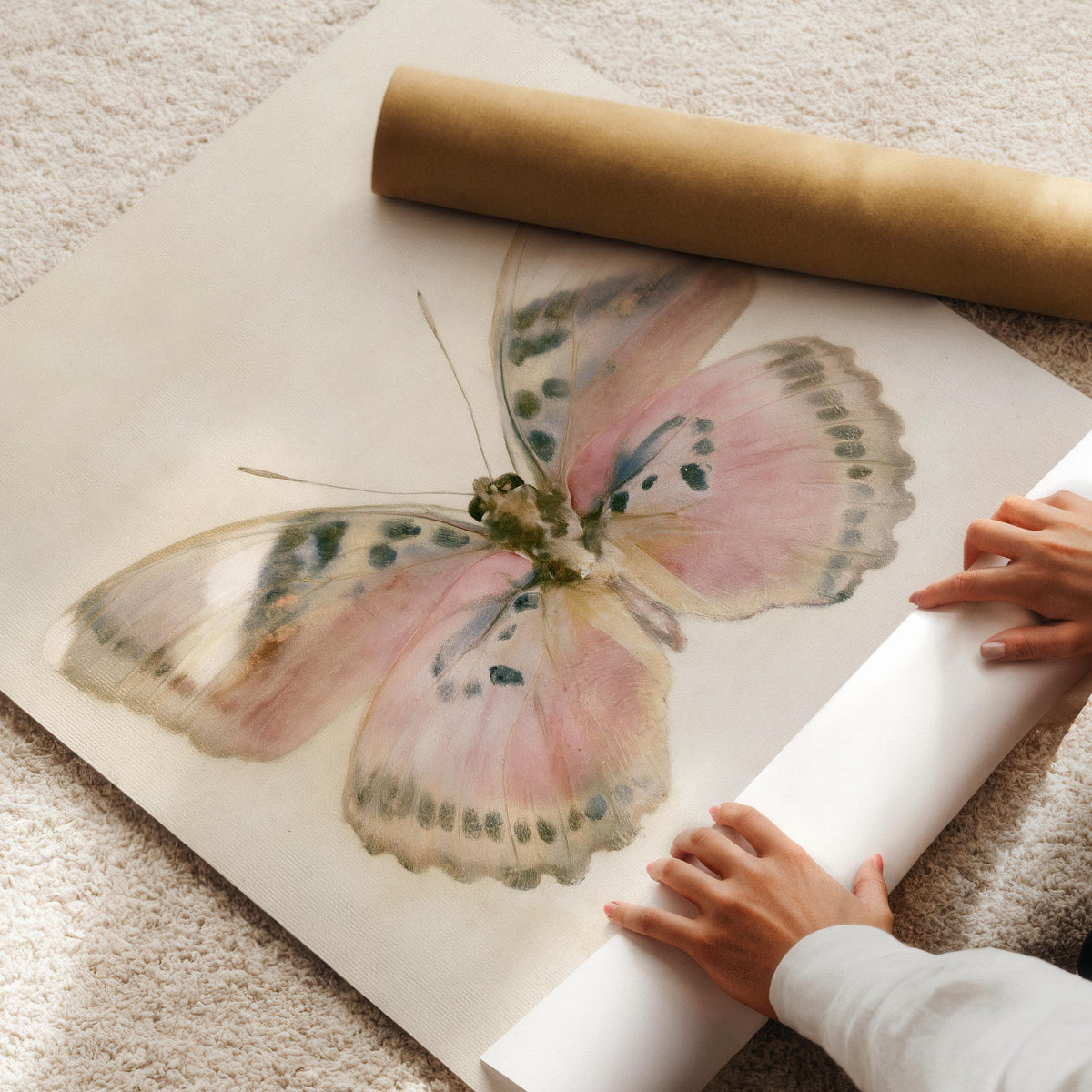 Cottagecore butterfly poster for entryway — cream and blush tones with naturalist scientific detail