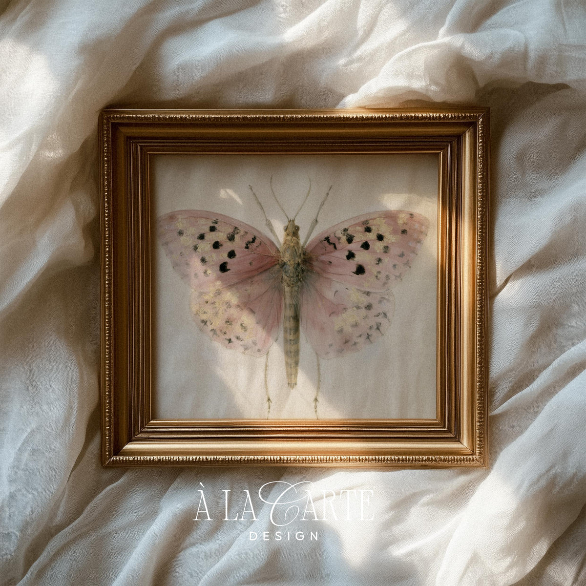Antique butterfly poster featuring muted blush tones and sage green accents for bedroom wall art