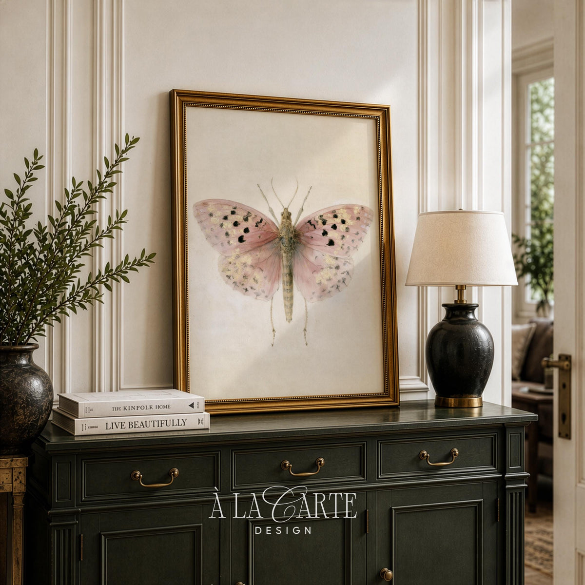 Soft pink butterfly printable art for nursery — vintage illustration with delicate spotted wings and romantic aesthetic