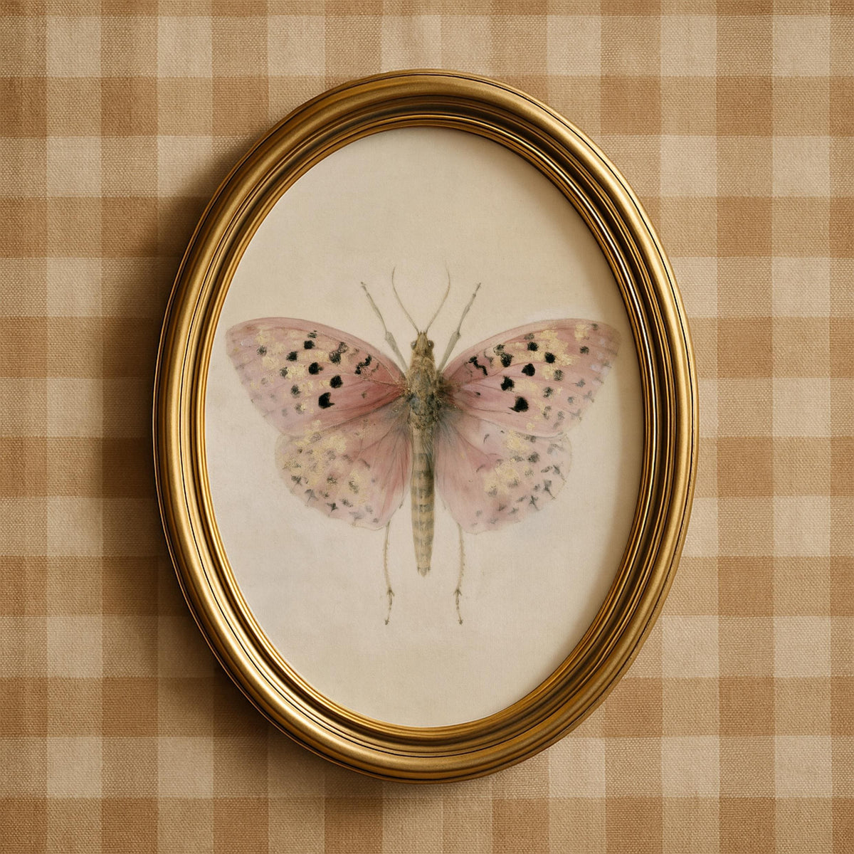 Naturalist butterfly portrait poster for girls' room — blush pink wings with sage body on vintage parchment