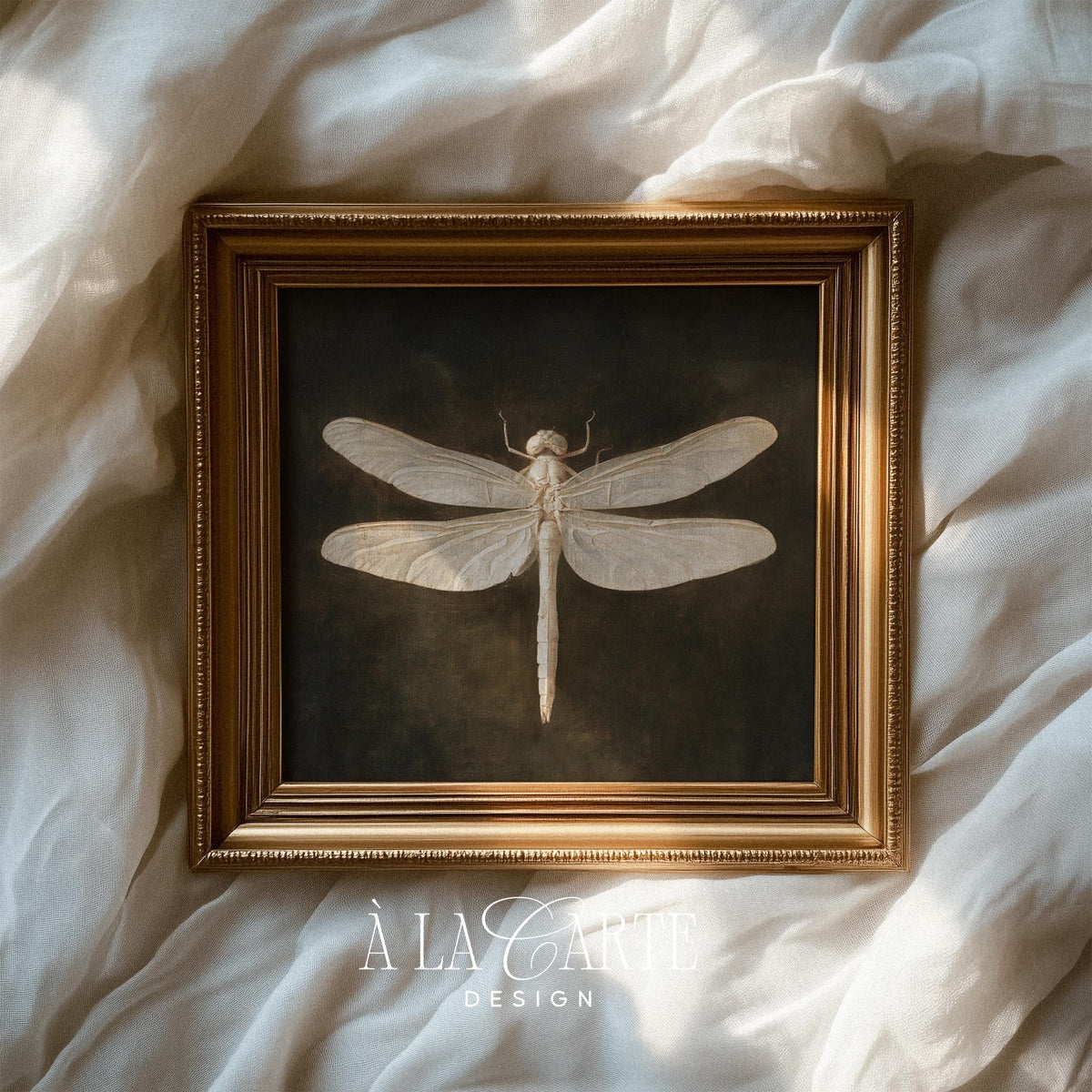 Vintage dragonfly wall picture for office — dark, moody painting with delicate insect illustration and antique finish