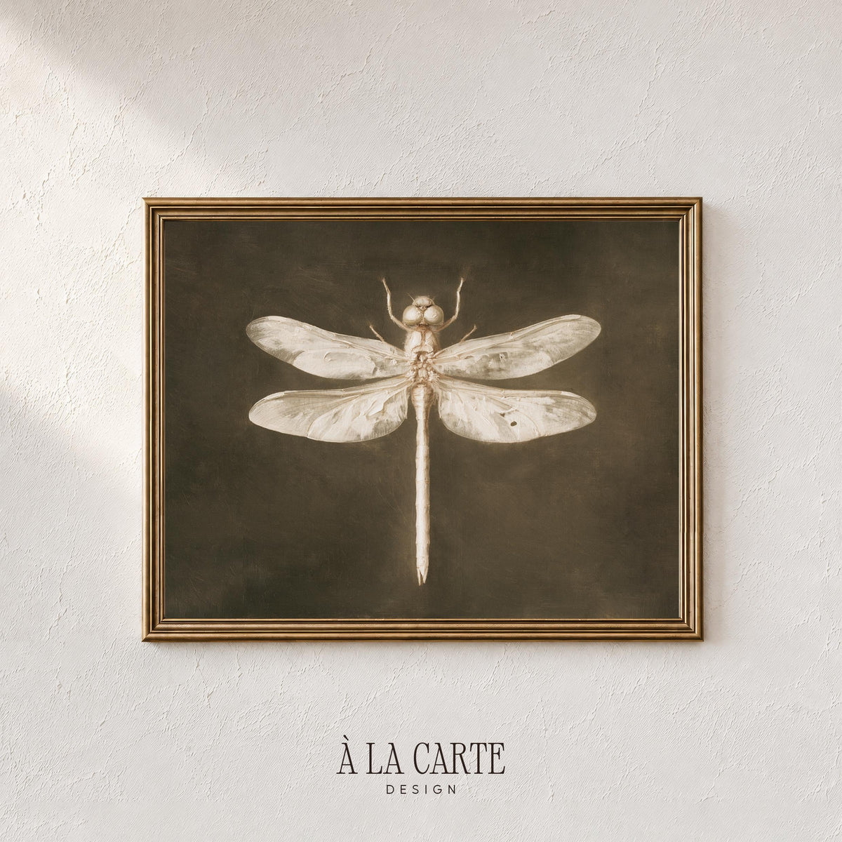 Vintage dragonfly wall art for study room — sepia-toned insect poster with moody dark background and aged paper finish