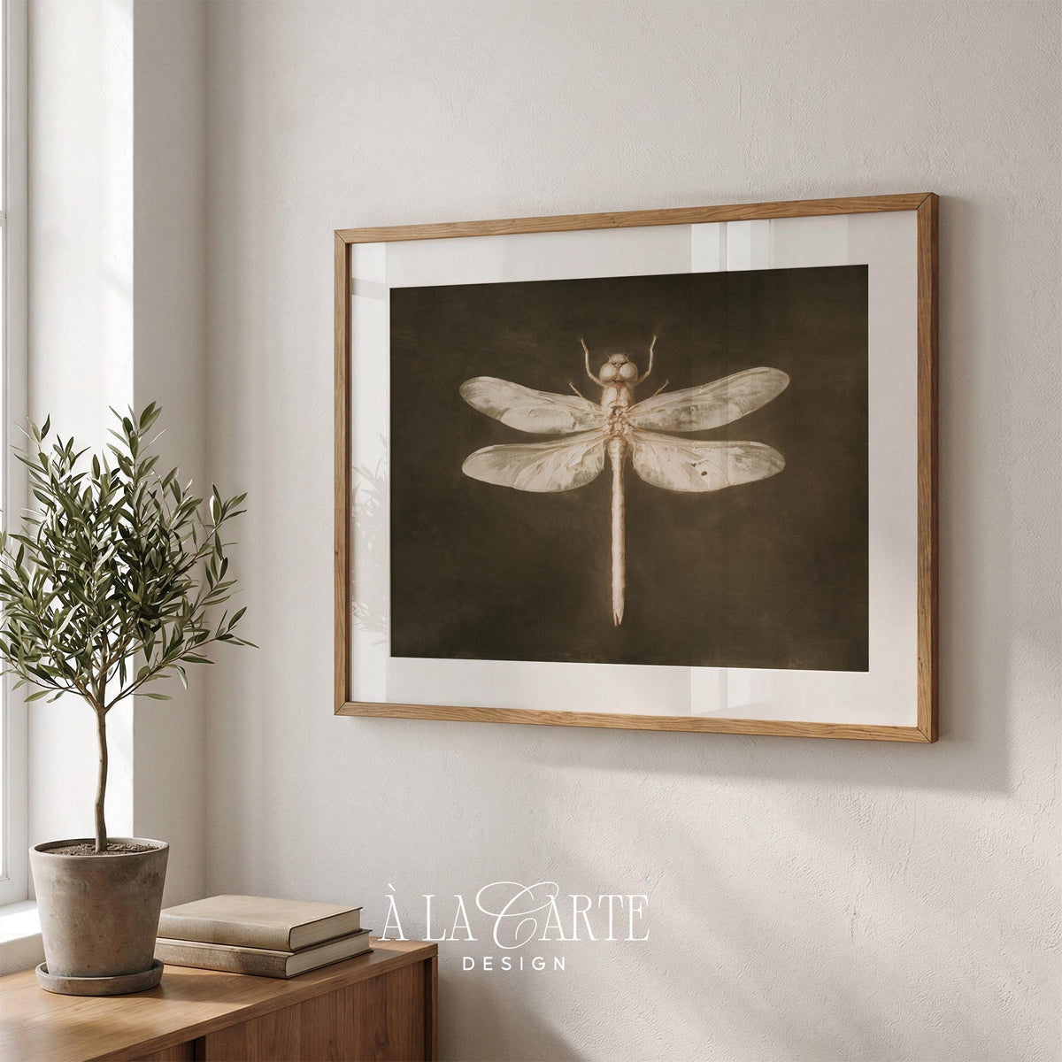 Naturalistic insect printable poster — detailed dragonfly rendering with muted olive hues and museum-quality vintage aesthetic
