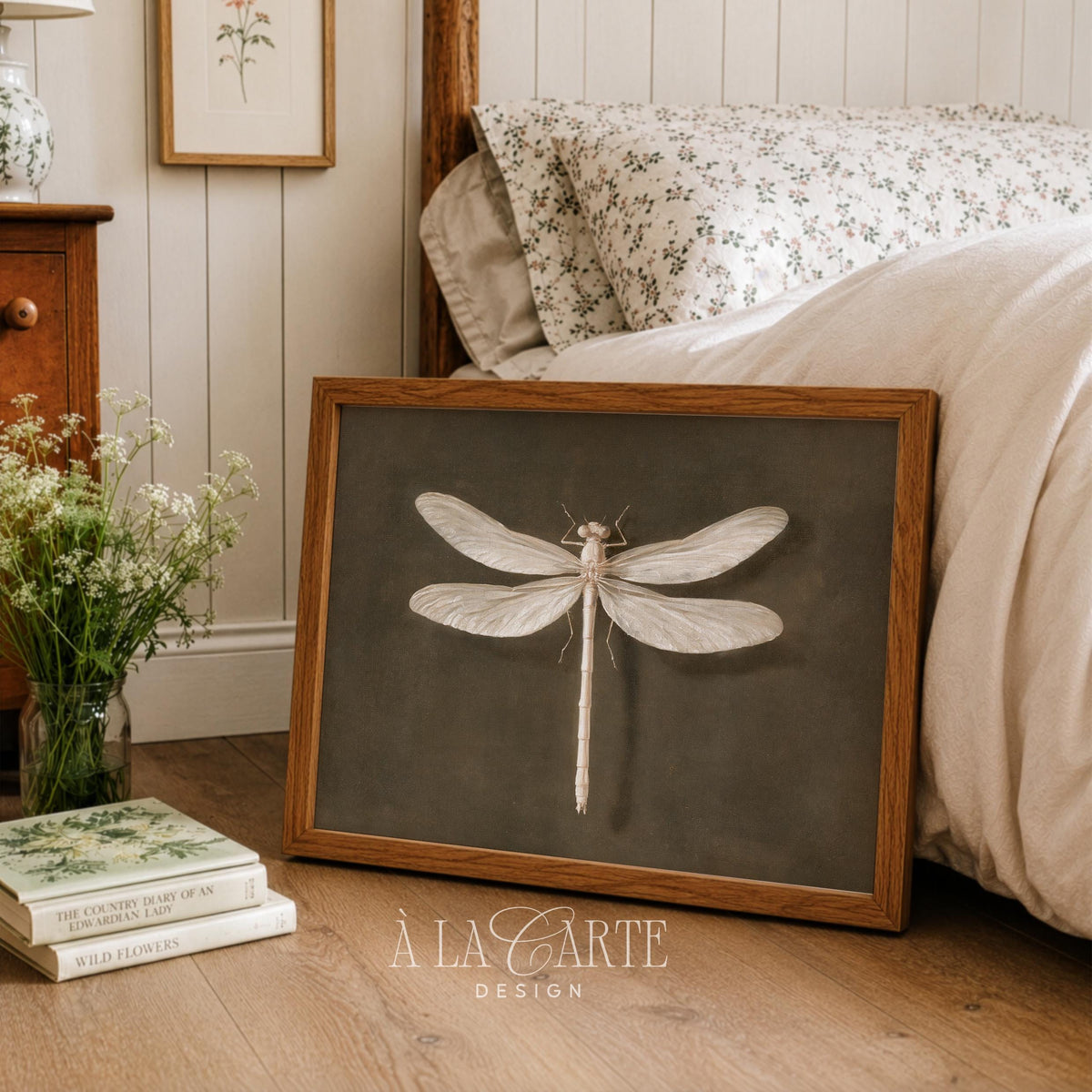 Antique insect print digital art for living space — detailed dragonfly with outstretched wings on rustic shadowed green background