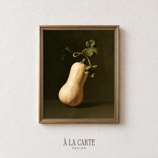 Harvest squash digital print for dining room — classical still-life artwork featuring organic vine tendril and aged foliage