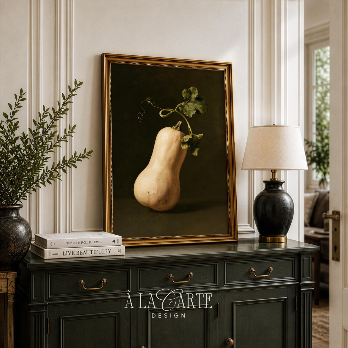 Botanical harvest digital wall art instant download — old-world style squash painting with delicate leaf, curling stem, and rich shadowing