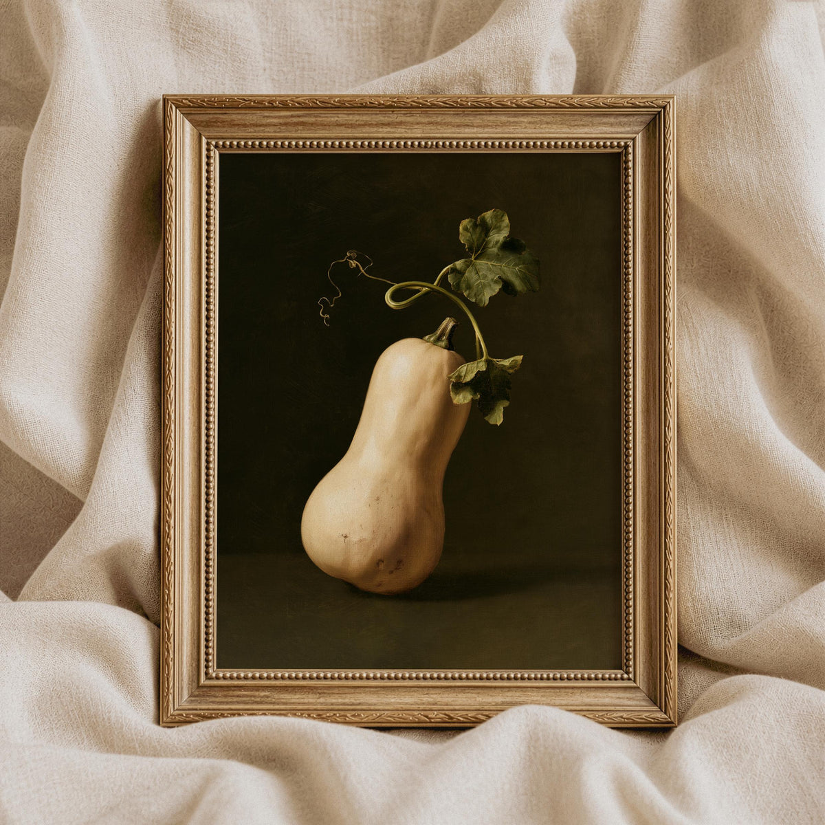 Botanical pumpkin picture printable wall art — vintage farmhouse style with rich shadow work and cozy autumn mood