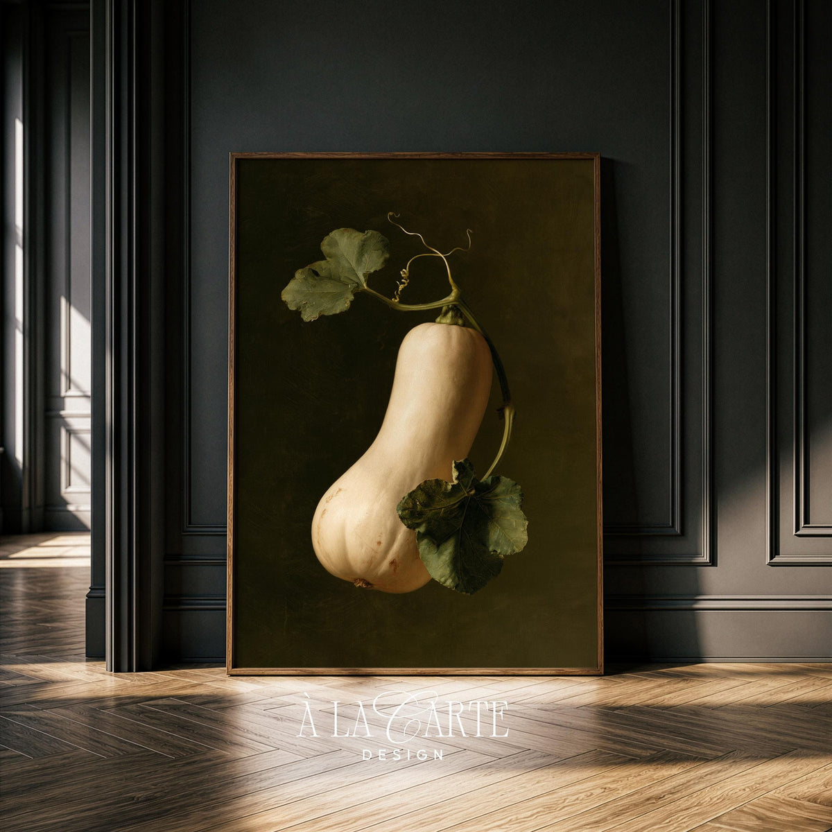 Rustic autumn squash wall art poster — old master farmhouse style with trailing vines and gallery wall appeal