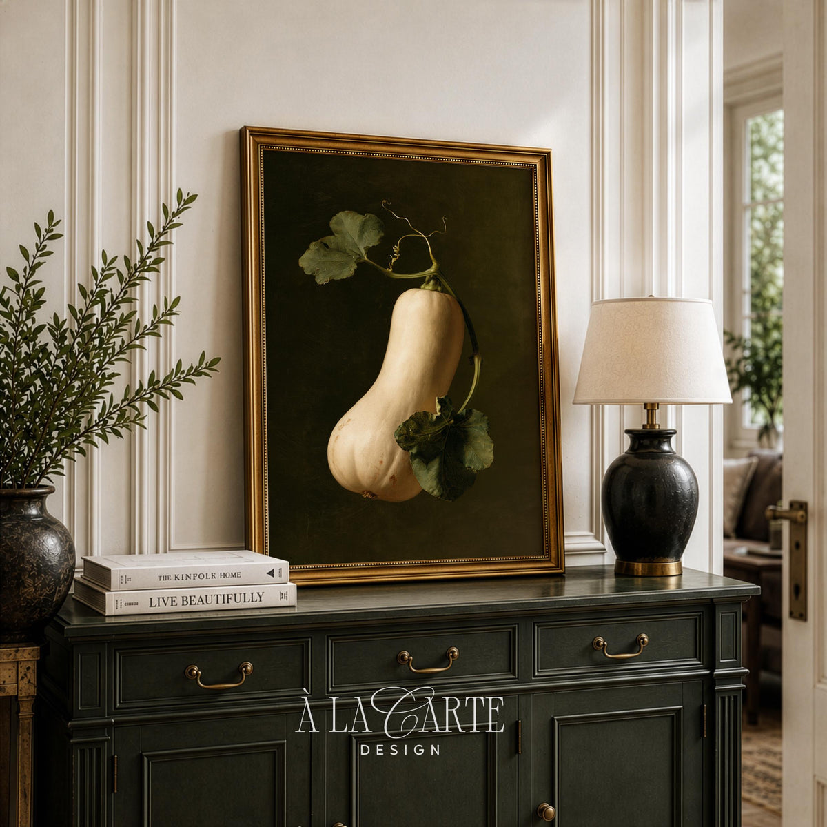 Fall vegetable printable wall picture — rustic squash artwork with trailing greenery and classic vintage aesthetic
