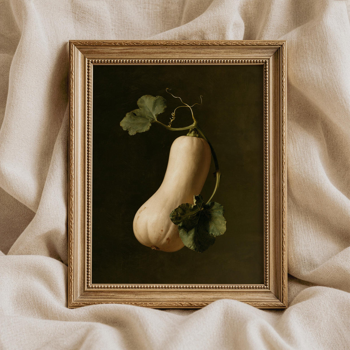 Harvest gourd painting wall art for farmhouse — rustic autumn botanical with deep olive tones and cream accents