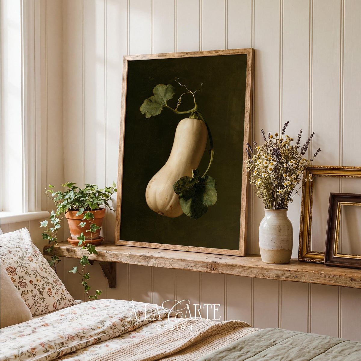 Fall botanical printable picture instant download — vintage harvest still-life with warm cream and deep olive tones