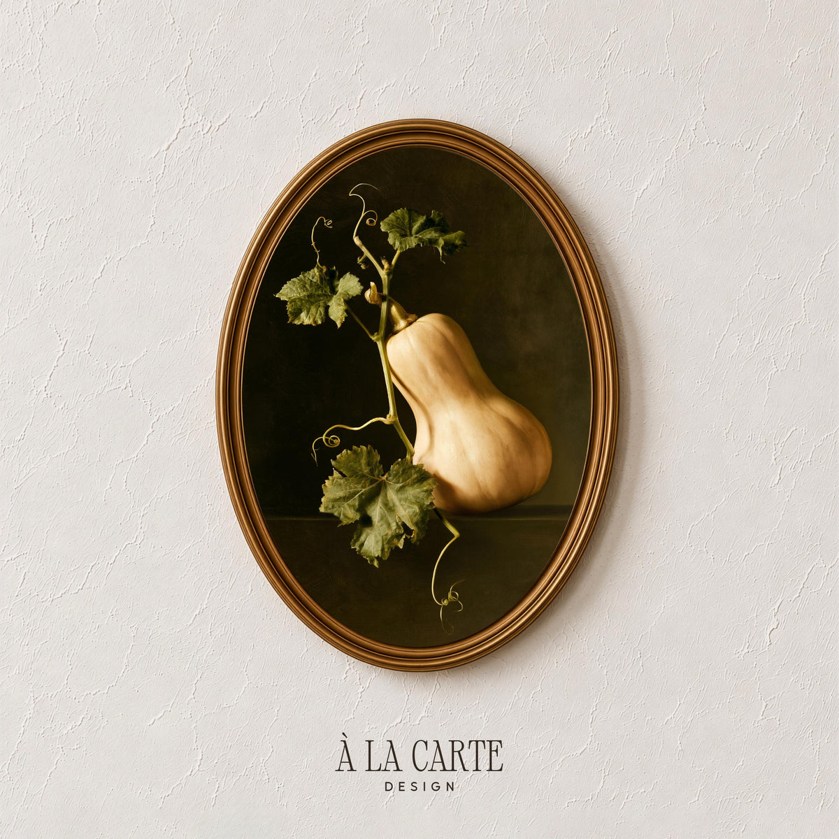 Botanical autumn printable art featuring textured foliage and heirloom vegetable in classical painting style