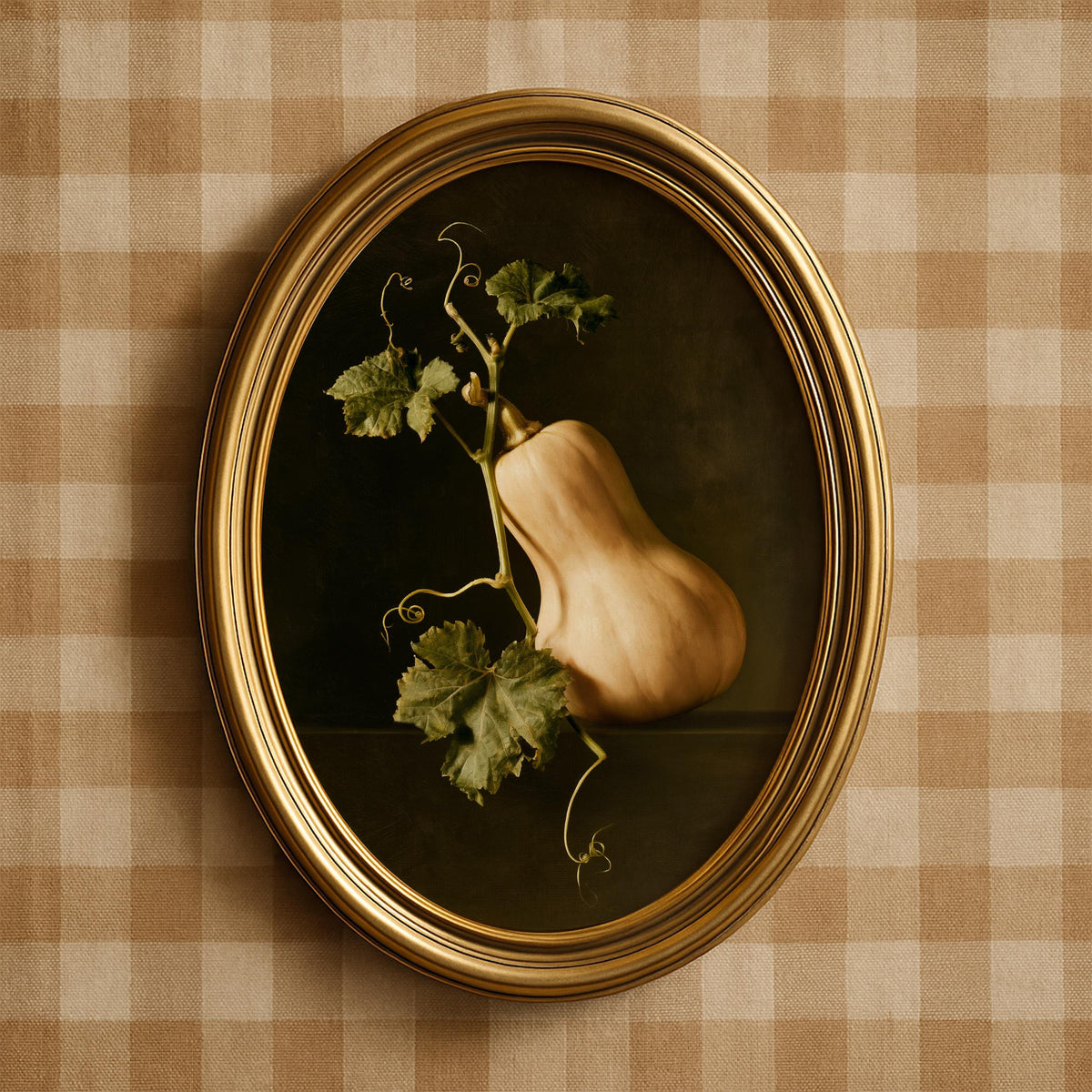 Vintage produce painting wall art for farmhouse kitchen — warm golden squash with curled vine on dark canvas aesthetic