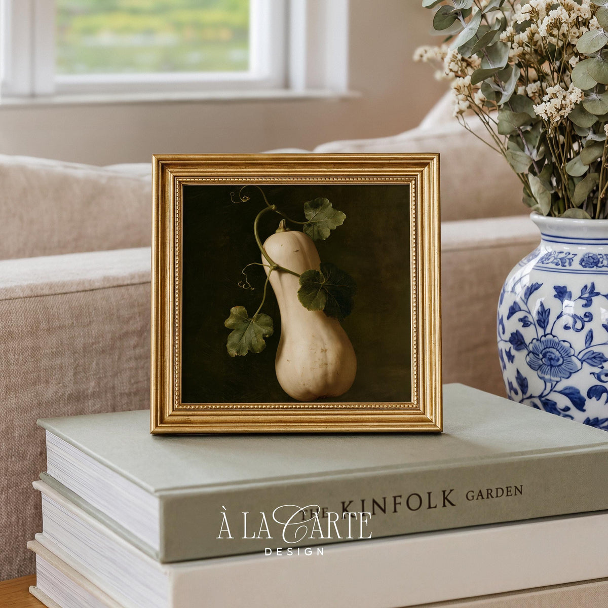 Dark moody vegetable picture for dining room — vintage-style gourd with organic vine tendrils